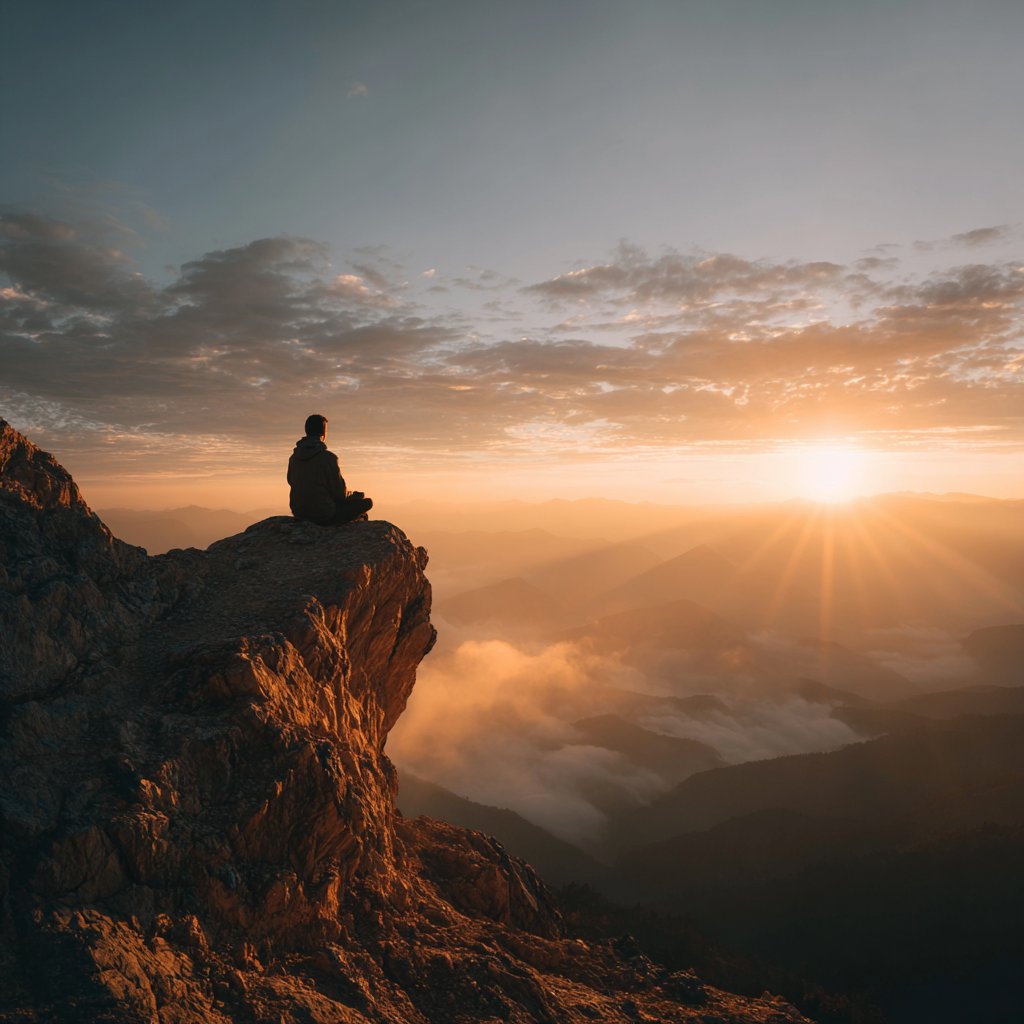 Determined man meditating on mountain peak during sunrise showing inner strength and mental focus