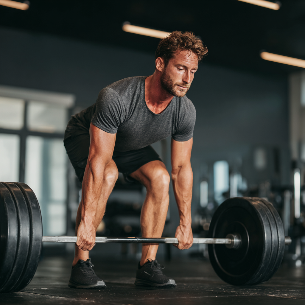 Muscular man performing deadlift in modern gym with focused expression and proper form